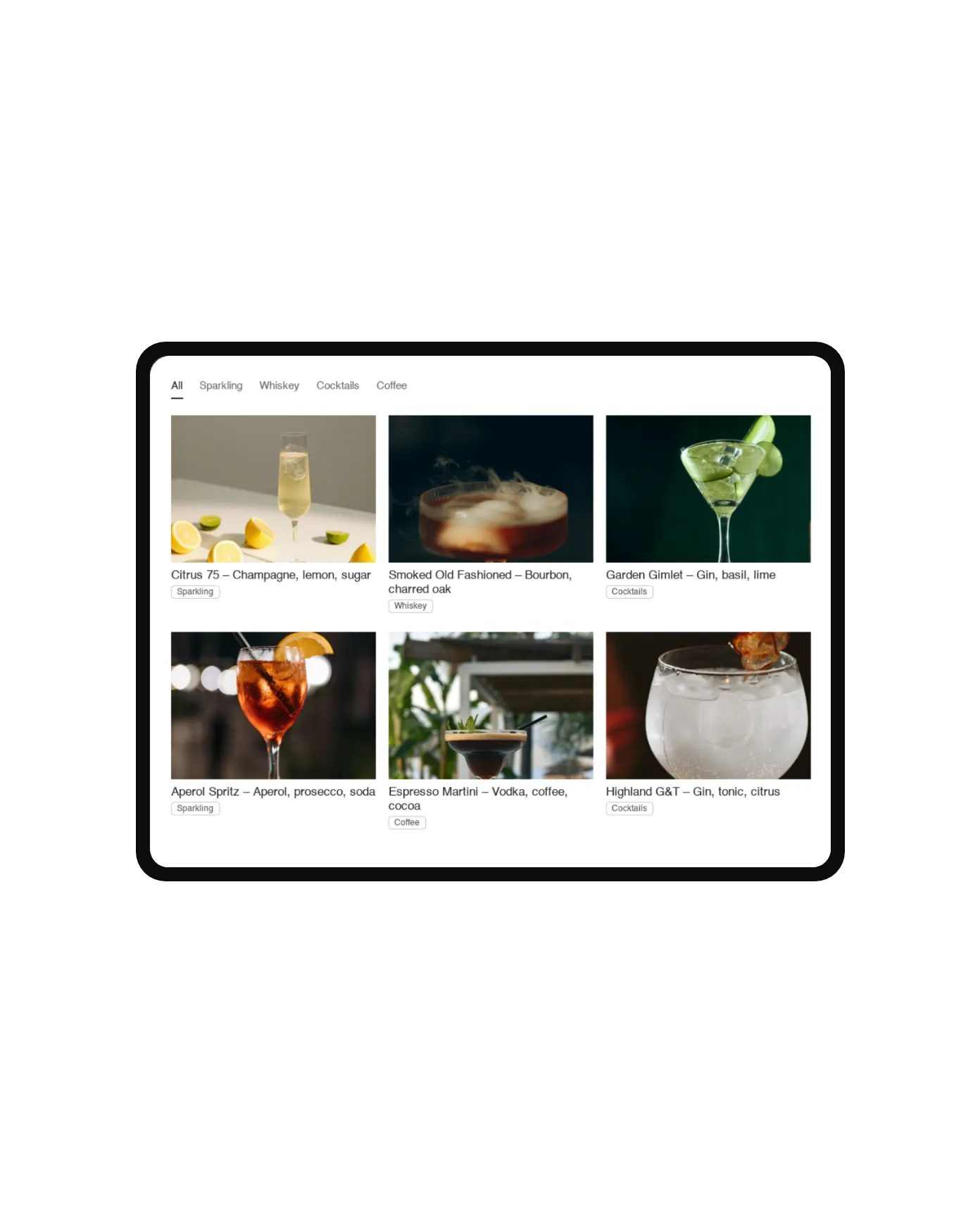 Portfolio Filter plugin for Squarespace – underline tab filter over a cocktail-bar menu in light mode, shown on an iPad mockup