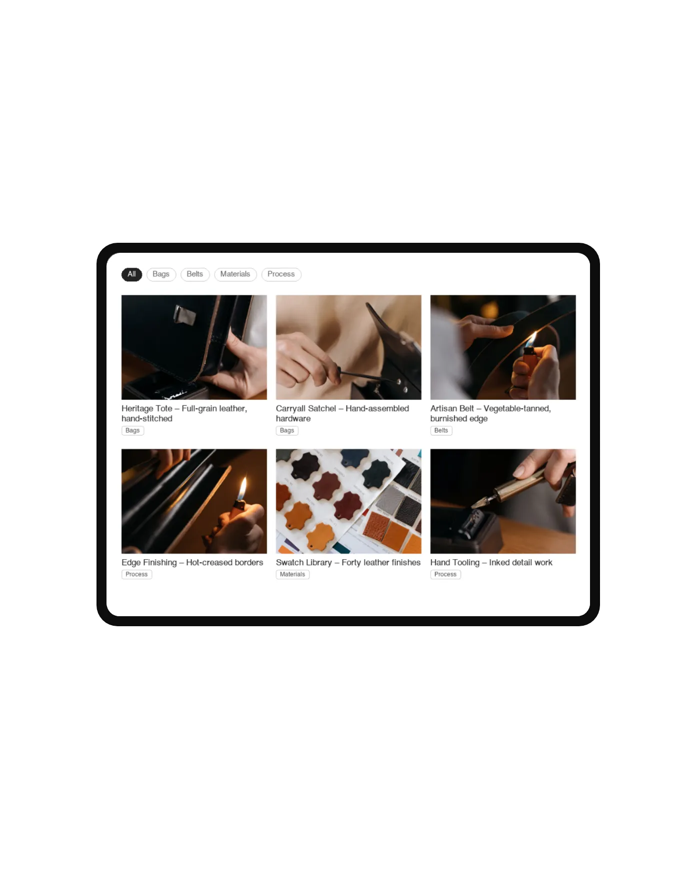 Portfolio Filter plugin for Squarespace – button filter bar over a leather-goods portfolio in light mode, shown on an iPad mockup