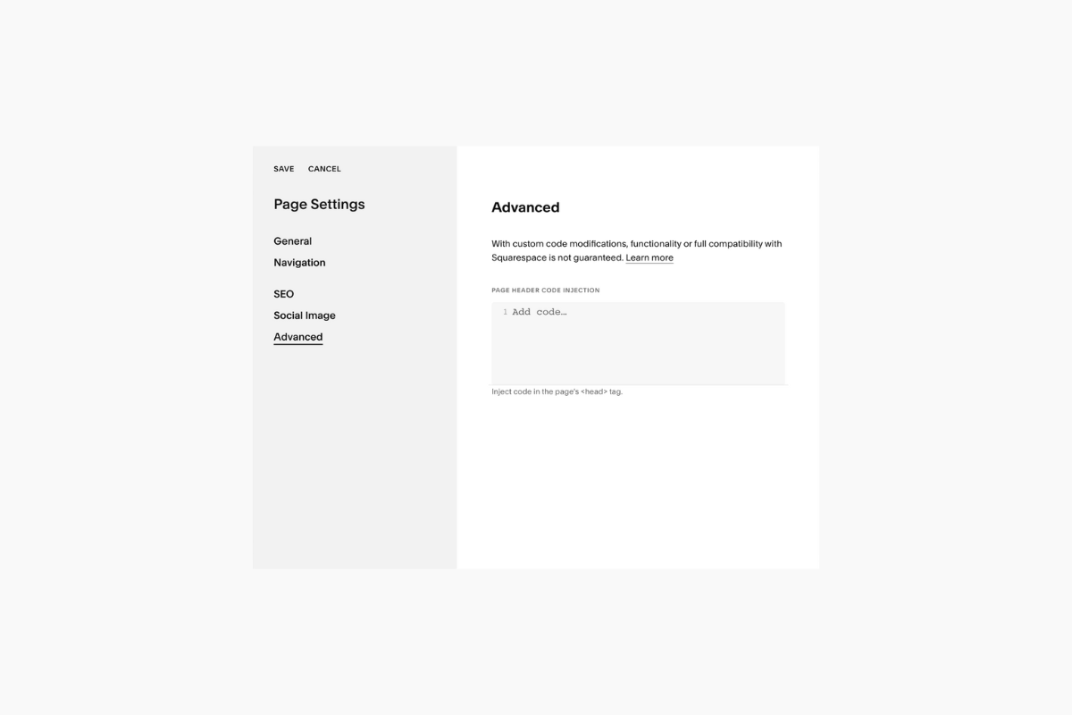 Squarespace Page Header Code Injection